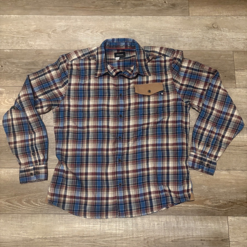 Marmot Flannel Shirt Mens XL‎ Long Sleeve Plaid Button Down Left Suede Pocket